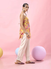 Yellow Jharokha & Pink Floral Criss-Cross Tie-Back Cotton Short Kurti