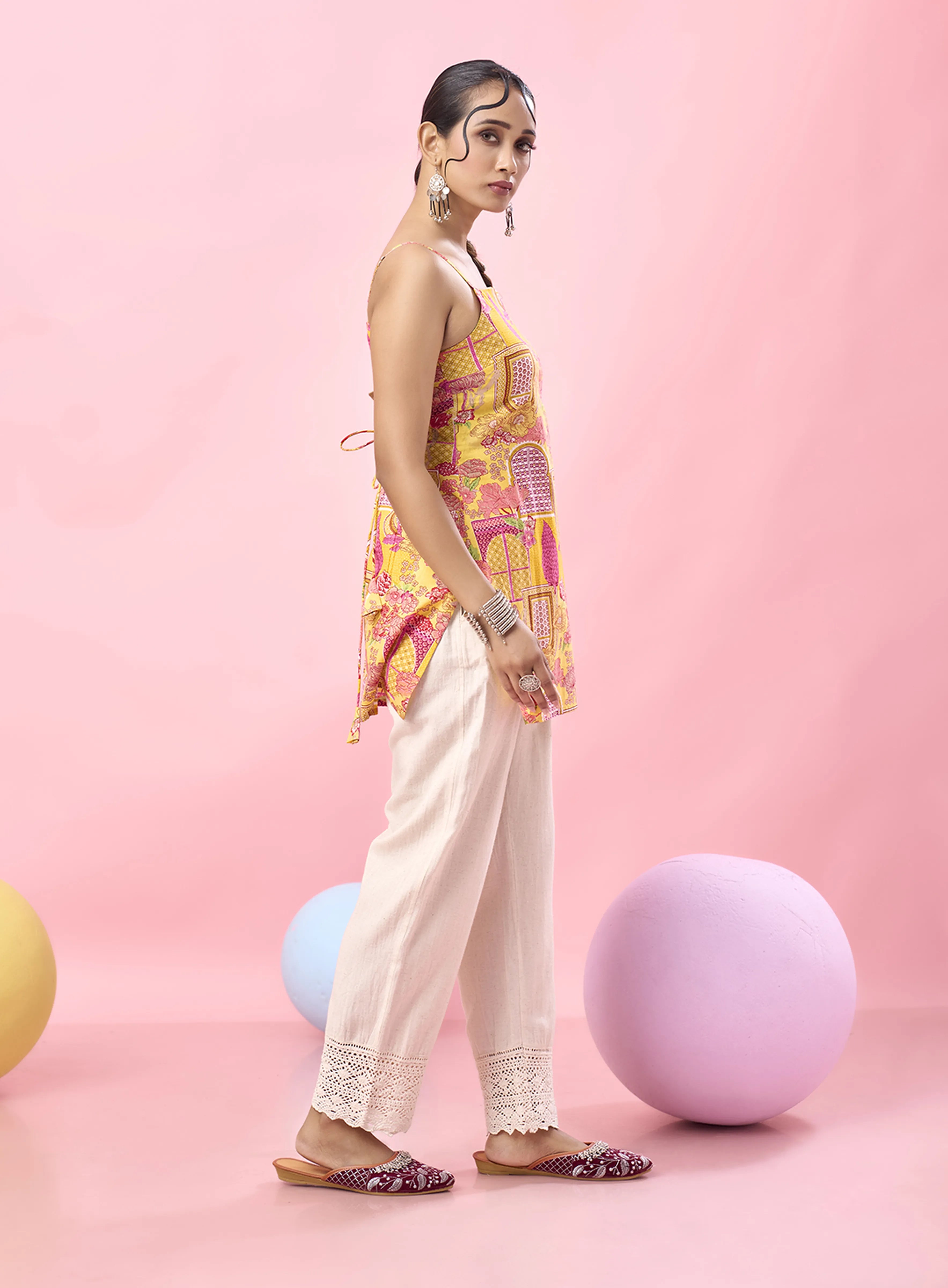 Yellow Jharokha & Pink Floral Criss-Cross Tie-Back Cotton Short Kurti