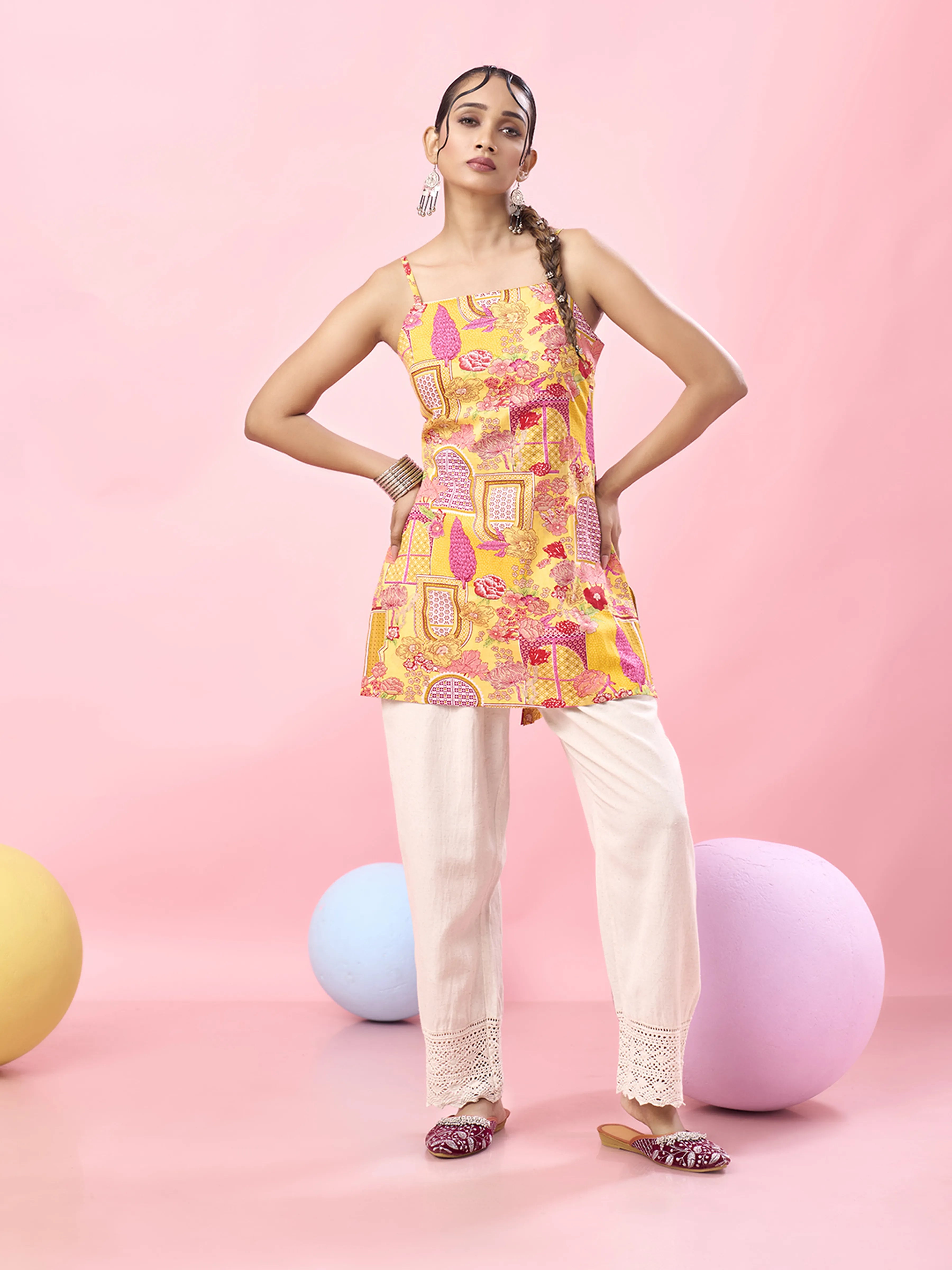 Yellow Jharokha & Pink Floral Criss-Cross Tie-Back Cotton Short Kurti