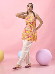 Yellow Jharokha & Pink Floral Criss-Cross Tie-Back Cotton Short Kurti