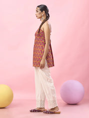 Soft Pink Floral Printed Cotton Short Kurti with Criss-Cross Tie-Back