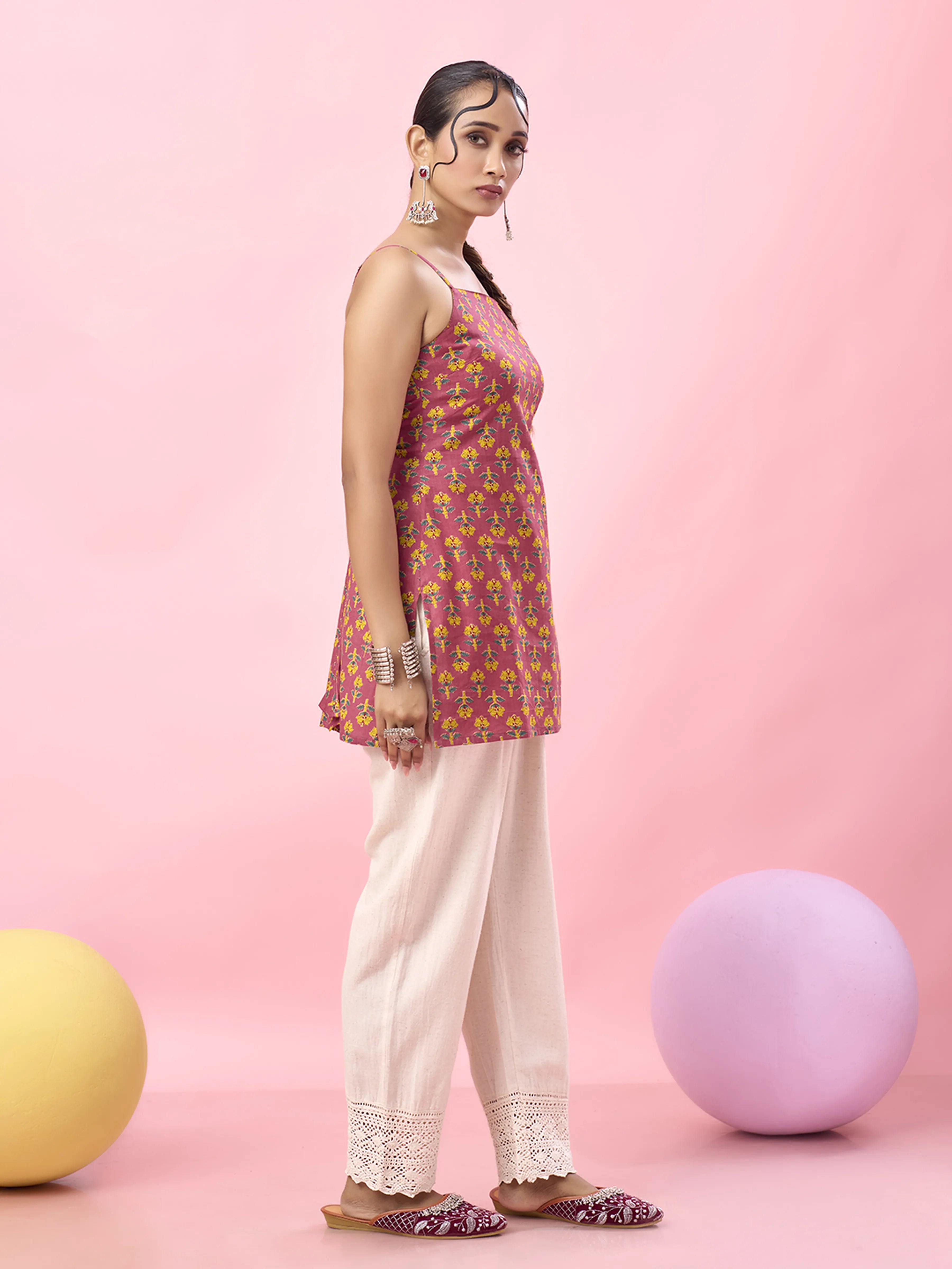 Soft Pink Floral Printed Cotton Short Kurti with Criss-Cross Tie-Back