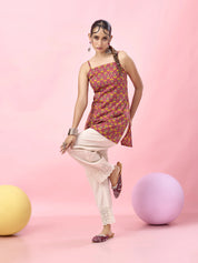 Soft Pink Floral Printed Cotton Short Kurti with Criss-Cross Tie-Back