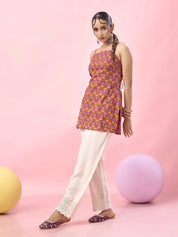 Soft Pink Floral Printed Cotton Short Kurti with Criss-Cross Tie-Back