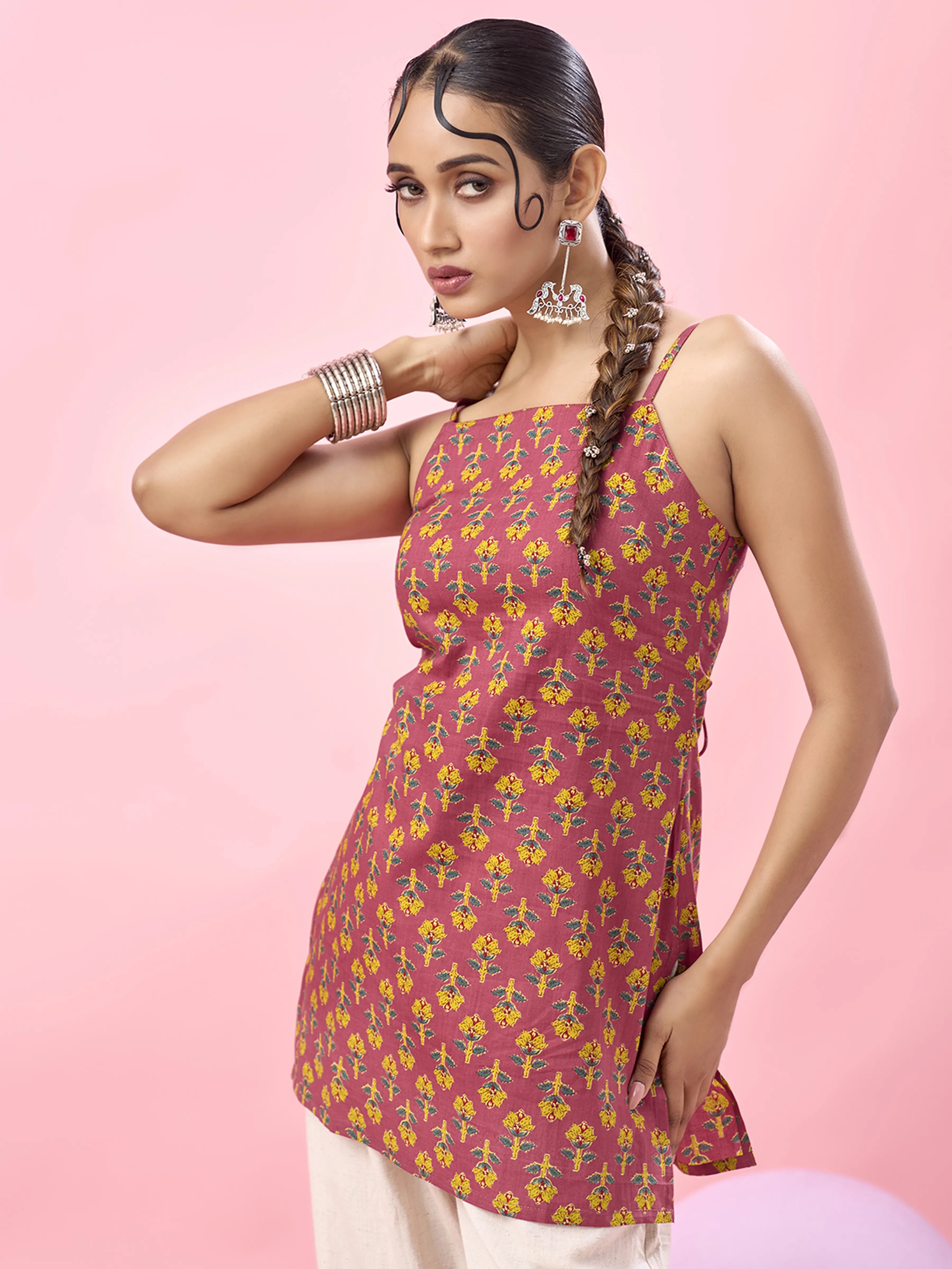 Soft Pink Floral Printed Cotton Short Kurti with Criss-Cross Tie-Back