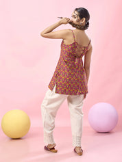 Soft Pink Floral Printed Cotton Short Kurti with Criss-Cross Tie-Back