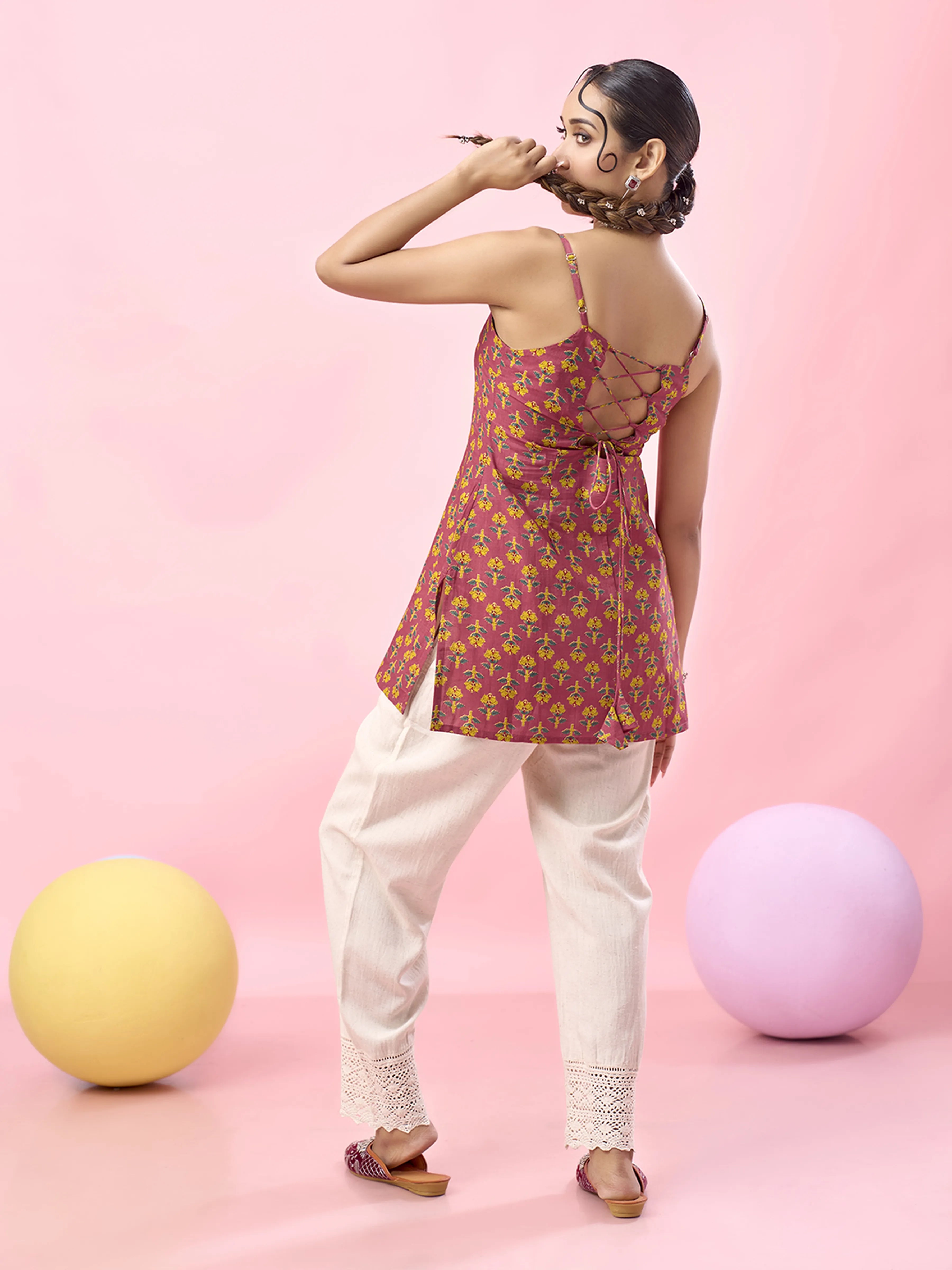 Soft Pink Floral Printed Cotton Short Kurti with Criss-Cross Tie-Back