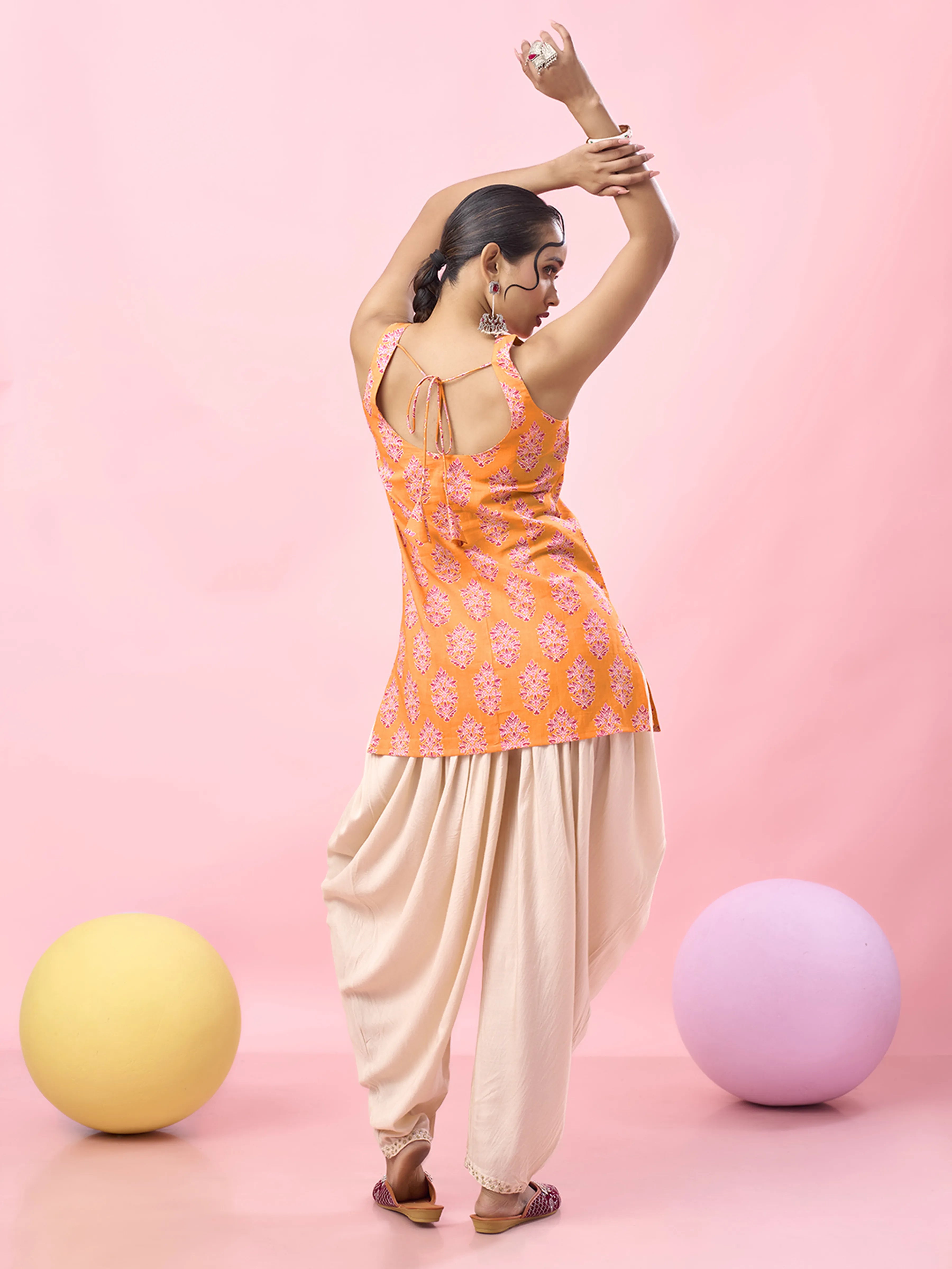 Bright Orange Floral Block Printed Cotton Short Kurti