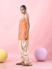 Bright Orange Floral Block Printed Cotton Short Kurti