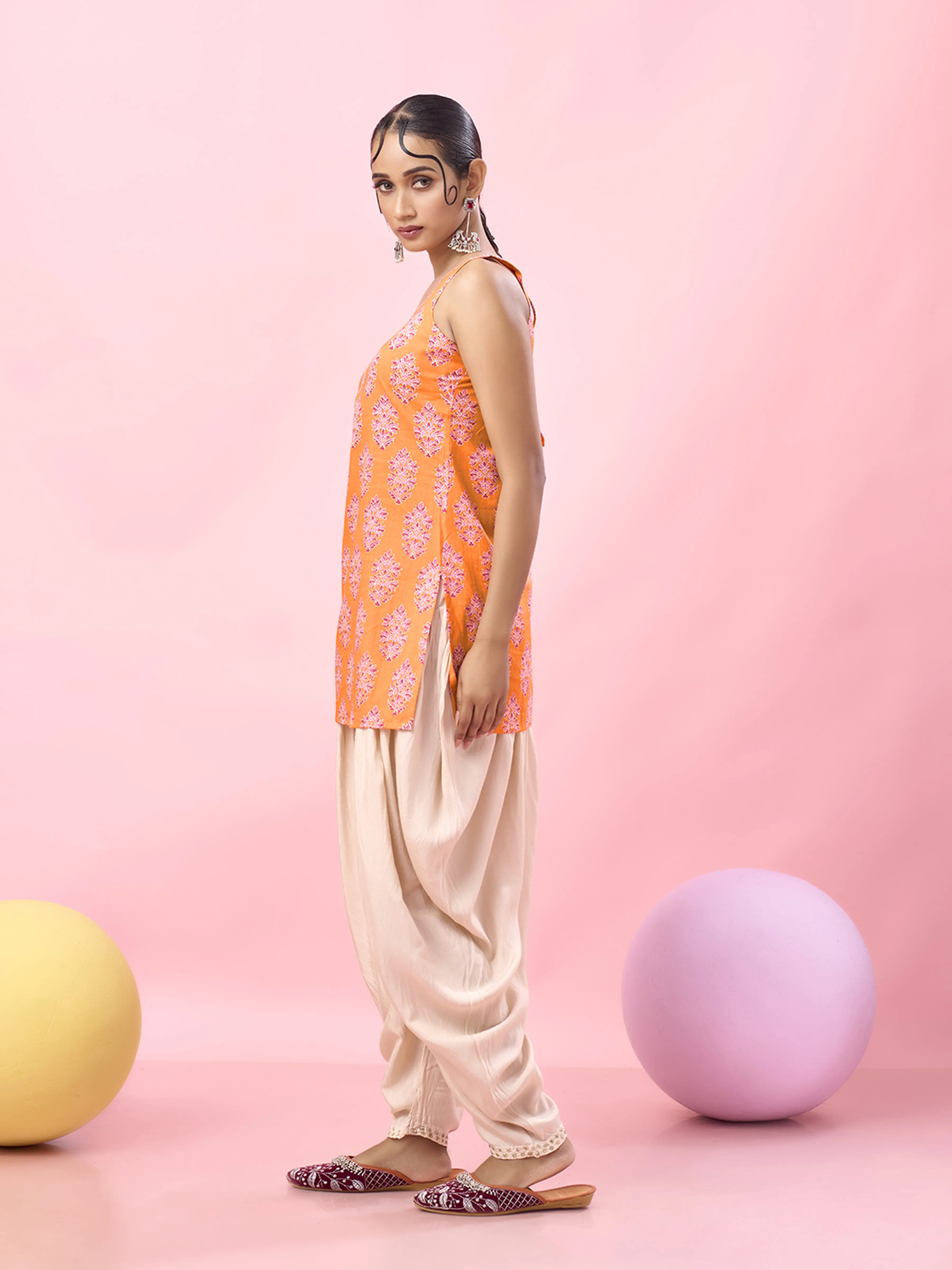 Bright Orange Floral Block Printed Cotton Short Kurti