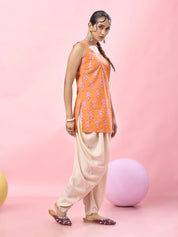Bright Orange Floral Block Printed Cotton Short Kurti
