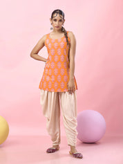 Bright Orange Floral Block Printed Cotton Short Kurti