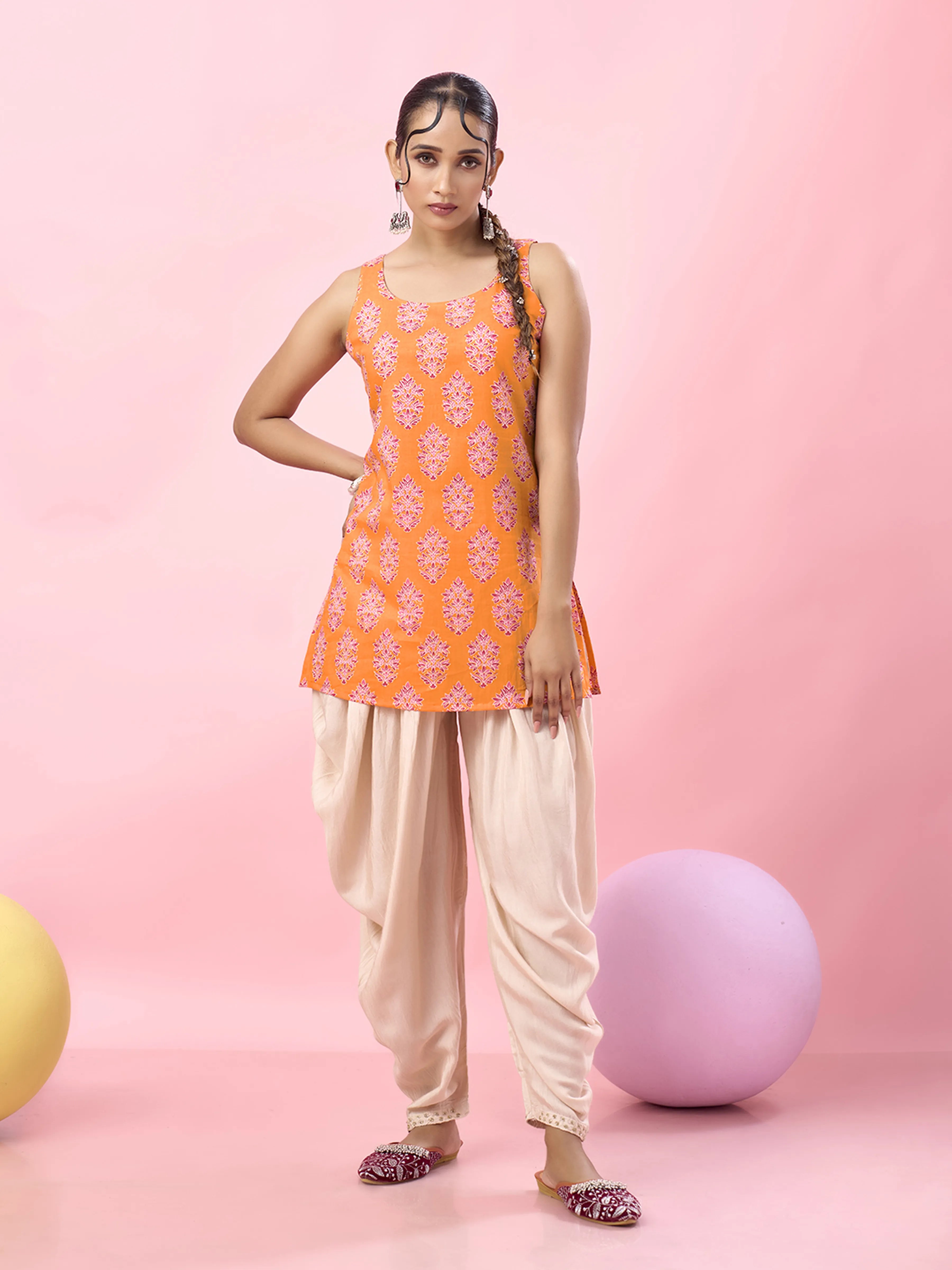 Bright Orange Floral Block Printed Cotton Short Kurti