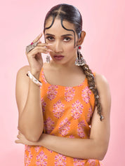 Bright Orange Floral Block Printed Cotton Short Kurti