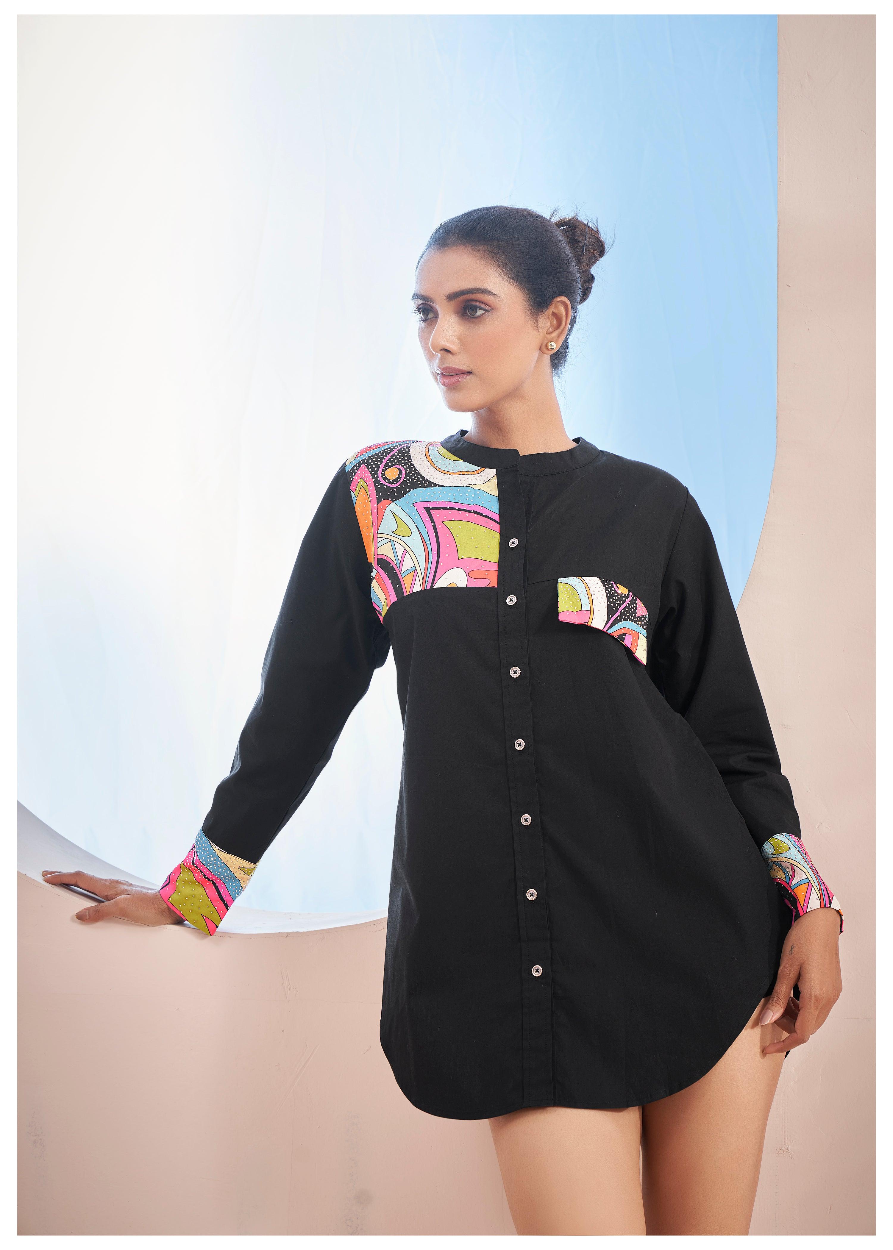 Black Cotton Shirt with Pop Print Patches and Rhinestone