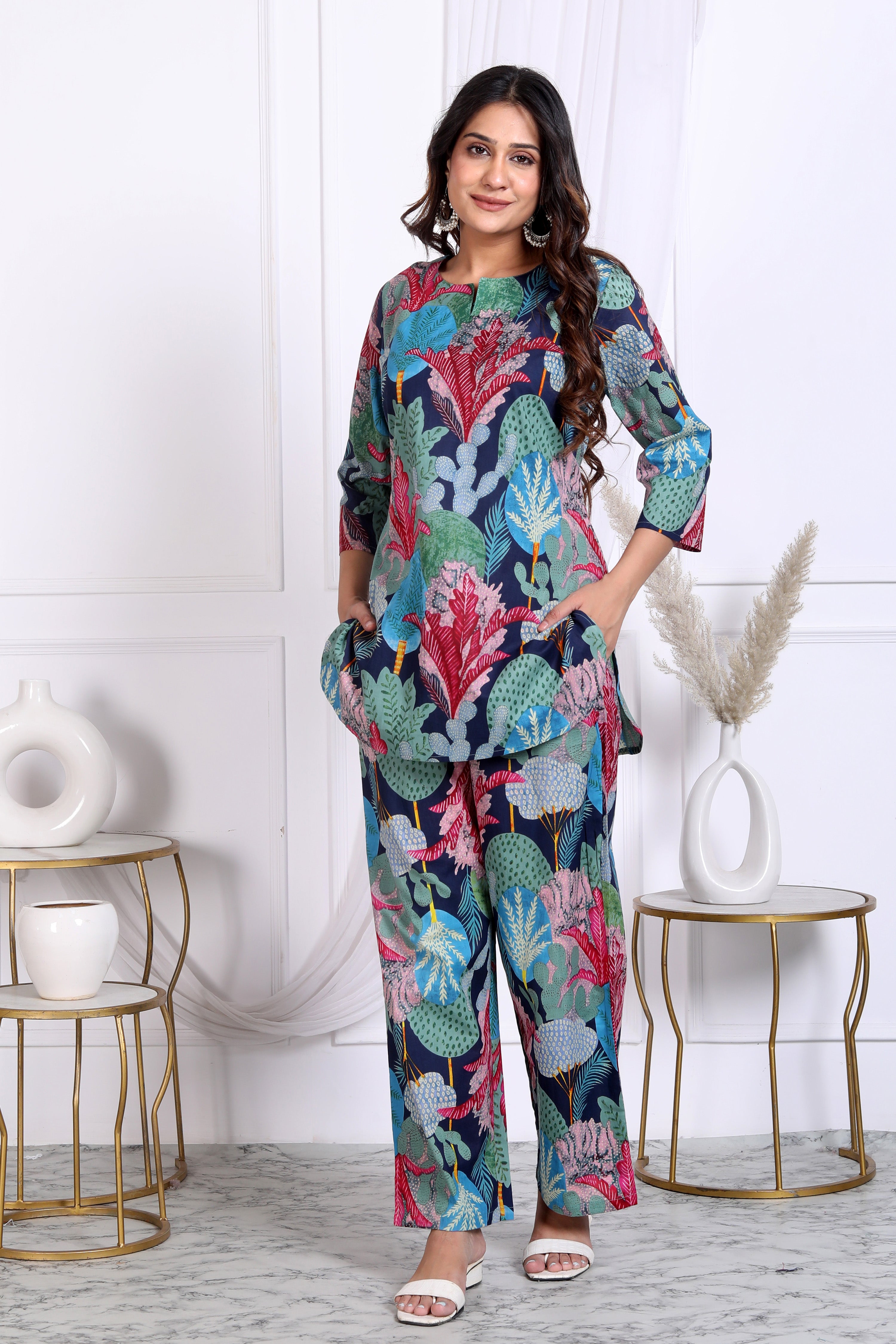 Tropical Collage Printed Cotton Kurta With Pant