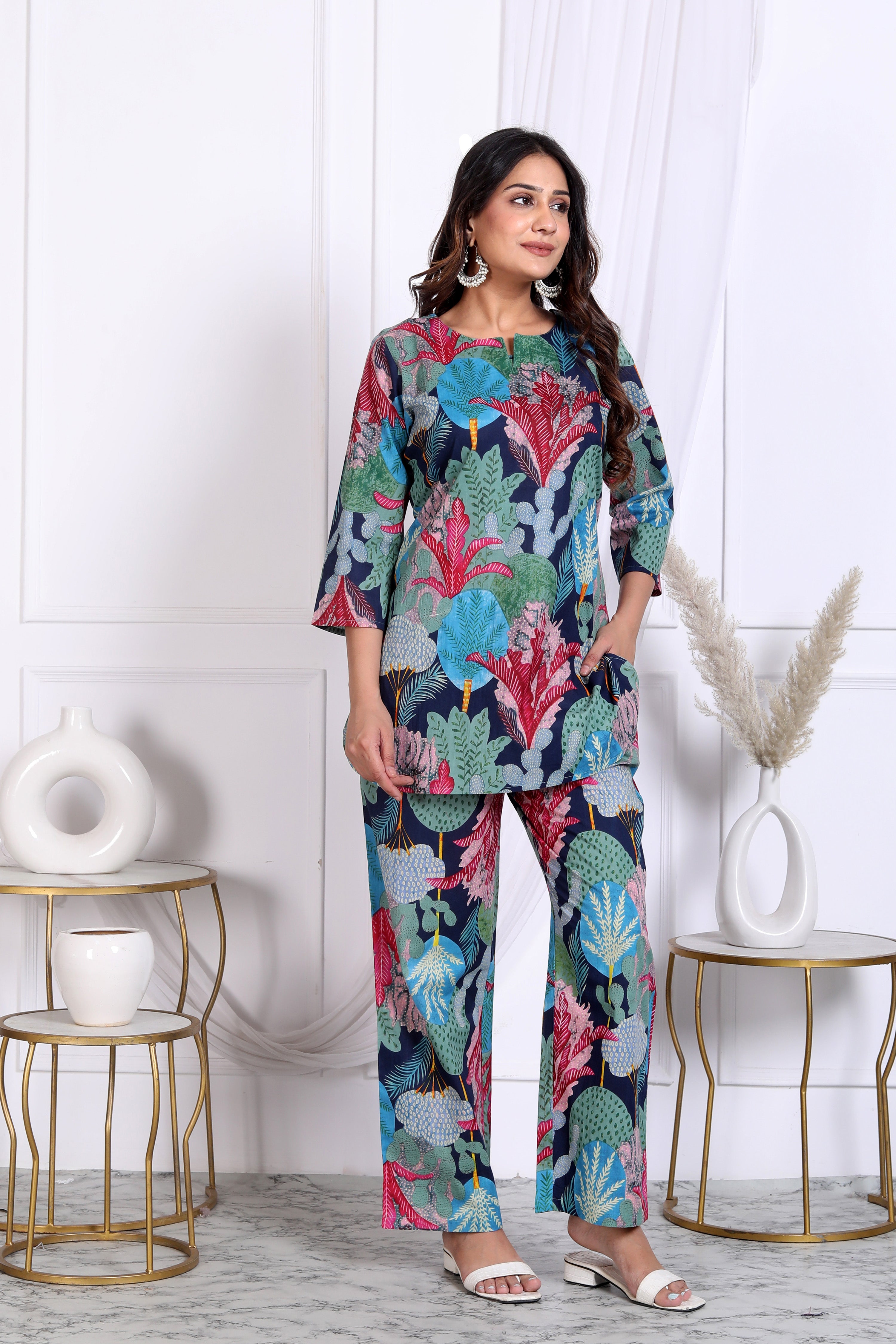 Tropical Collage Printed Cotton Kurta With Pant