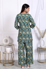 Geo Floral Printed Green Cotton Kurta With Pant