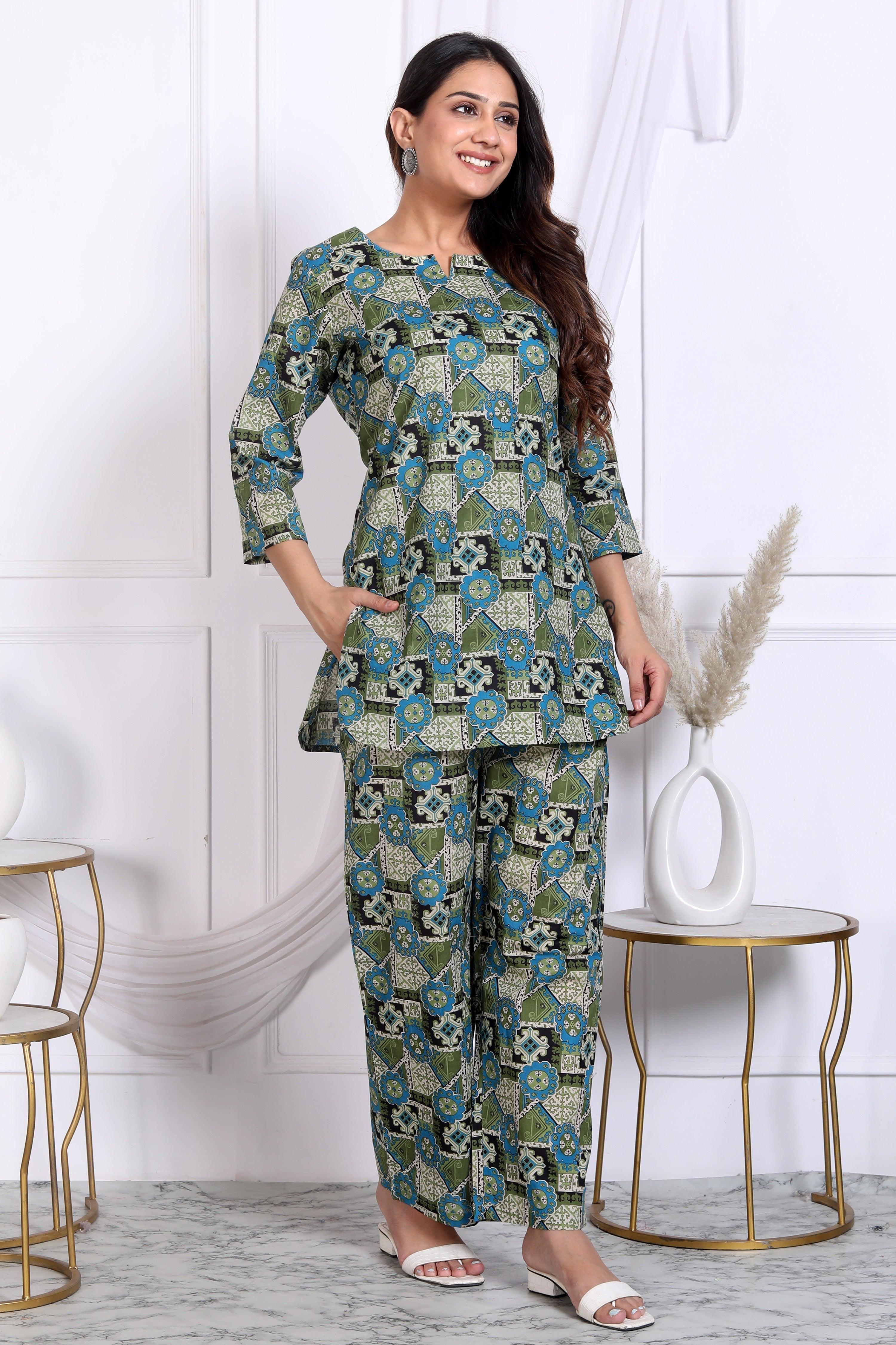 Geo Floral Printed Green Cotton Kurta With Pant