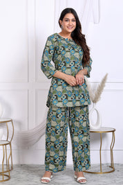 Geo Floral Printed Green Cotton Kurta With Pant