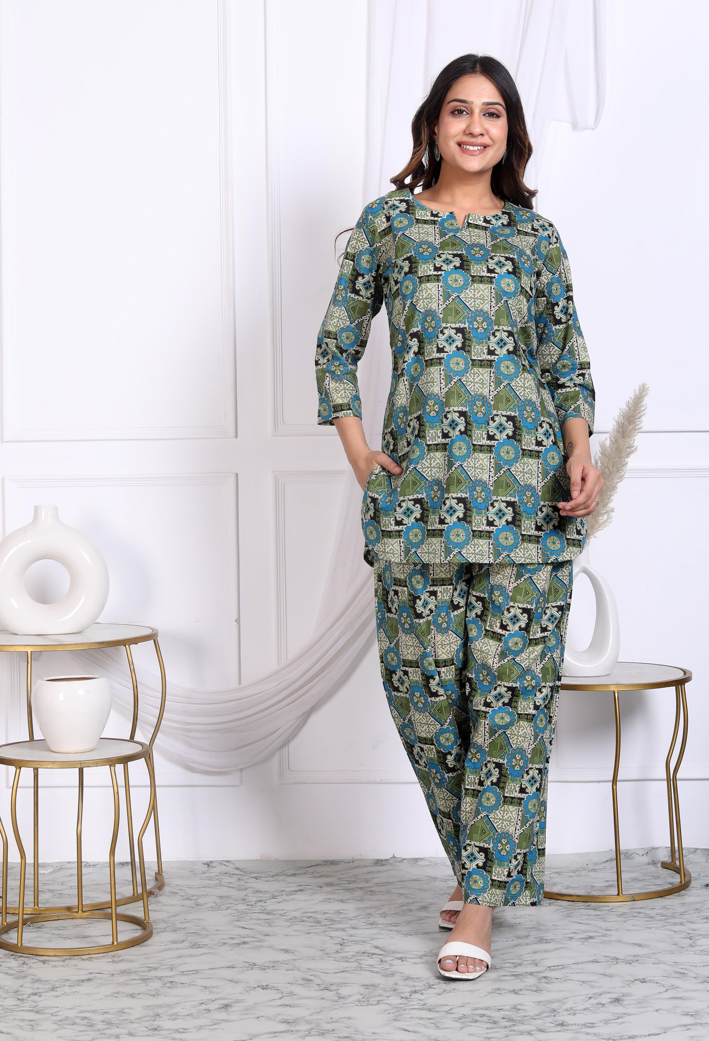 Geo Floral Printed Green Cotton Kurta With Pant