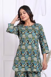 Geo Floral Printed Green Cotton Kurta With Pant