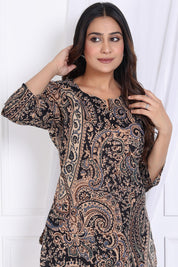 Black Paisley Printed Short Kurta Set