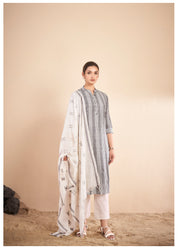 Grey Embroidered Work Cotton Ethnic Set With Dupatta