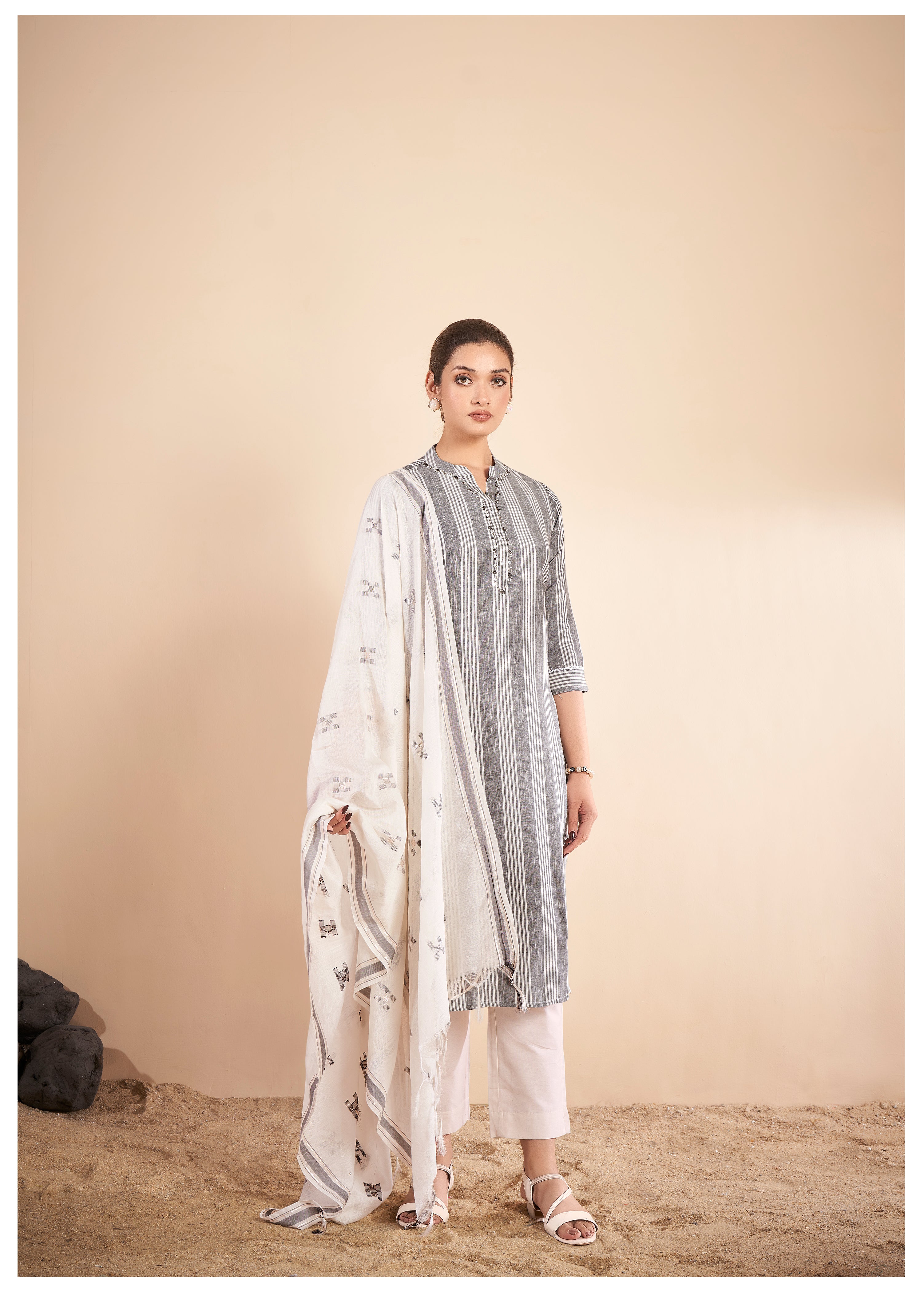 Grey Embroidered Work Cotton Ethnic Set With Dupatta