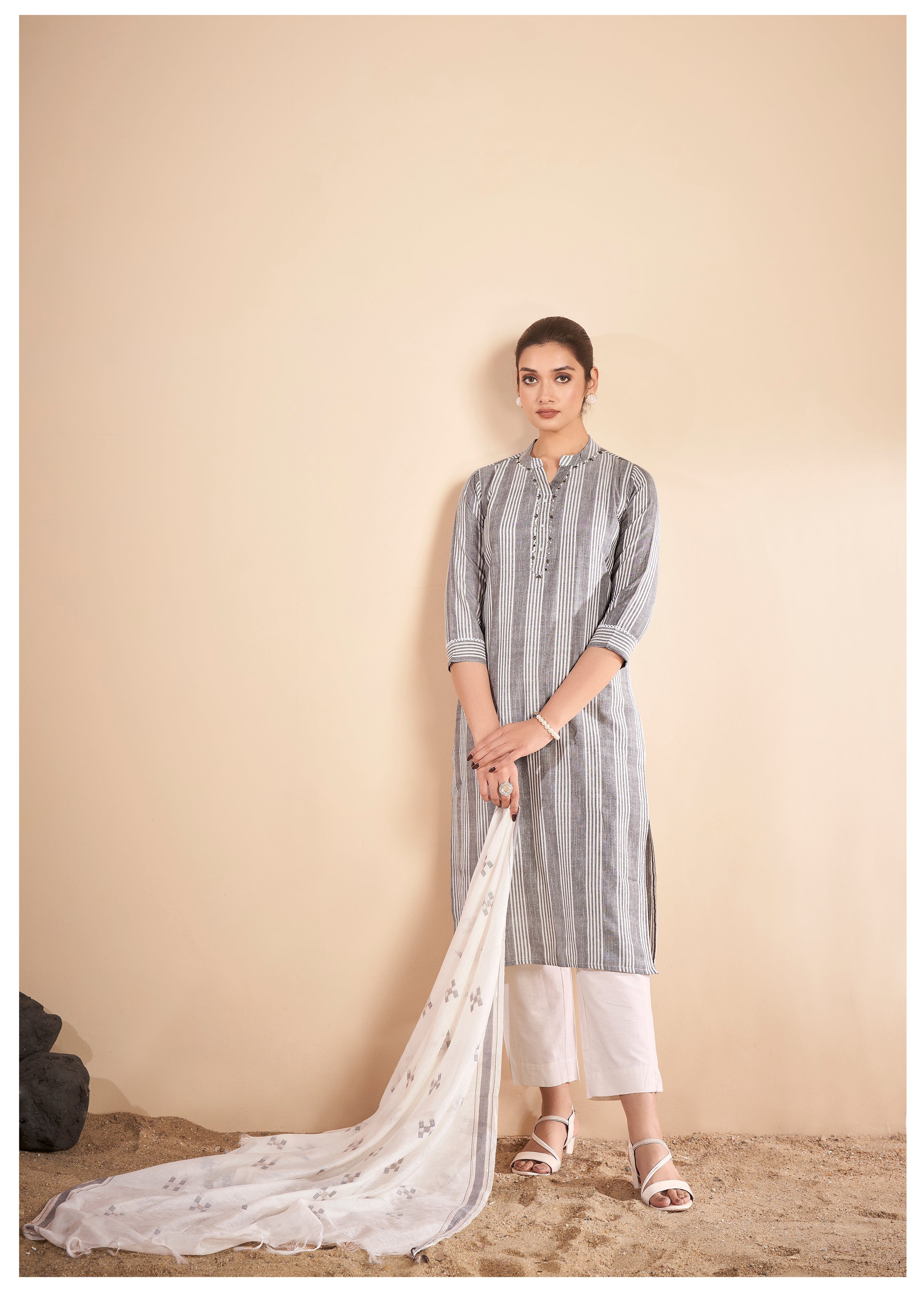 Grey Embroidered Work Cotton Ethnic Set With Dupatta