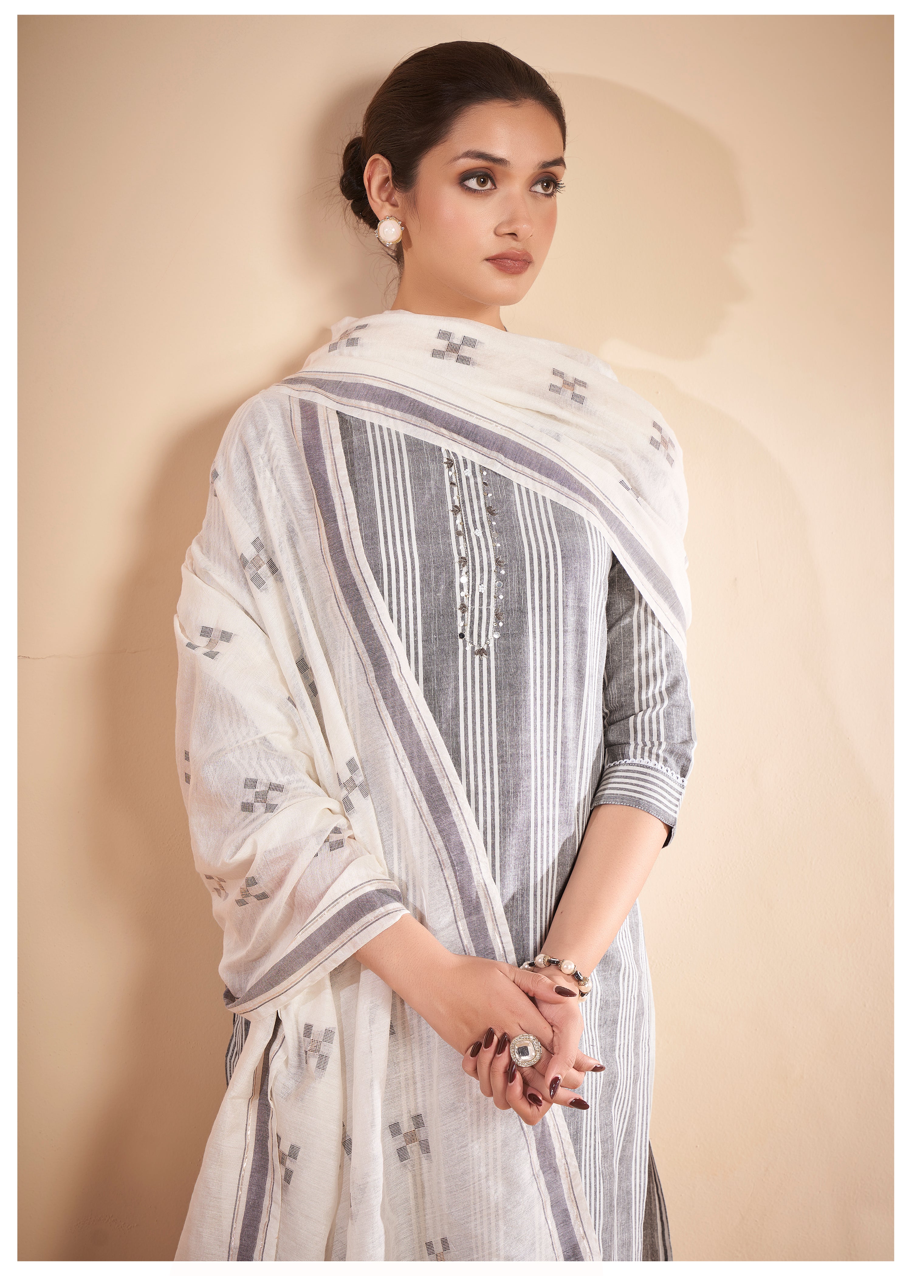 Grey Embroidered Work Cotton Ethnic Set With Dupatta