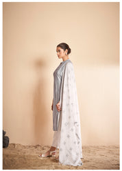 Grey Embroidered Work Cotton Ethnic Set With Dupatta