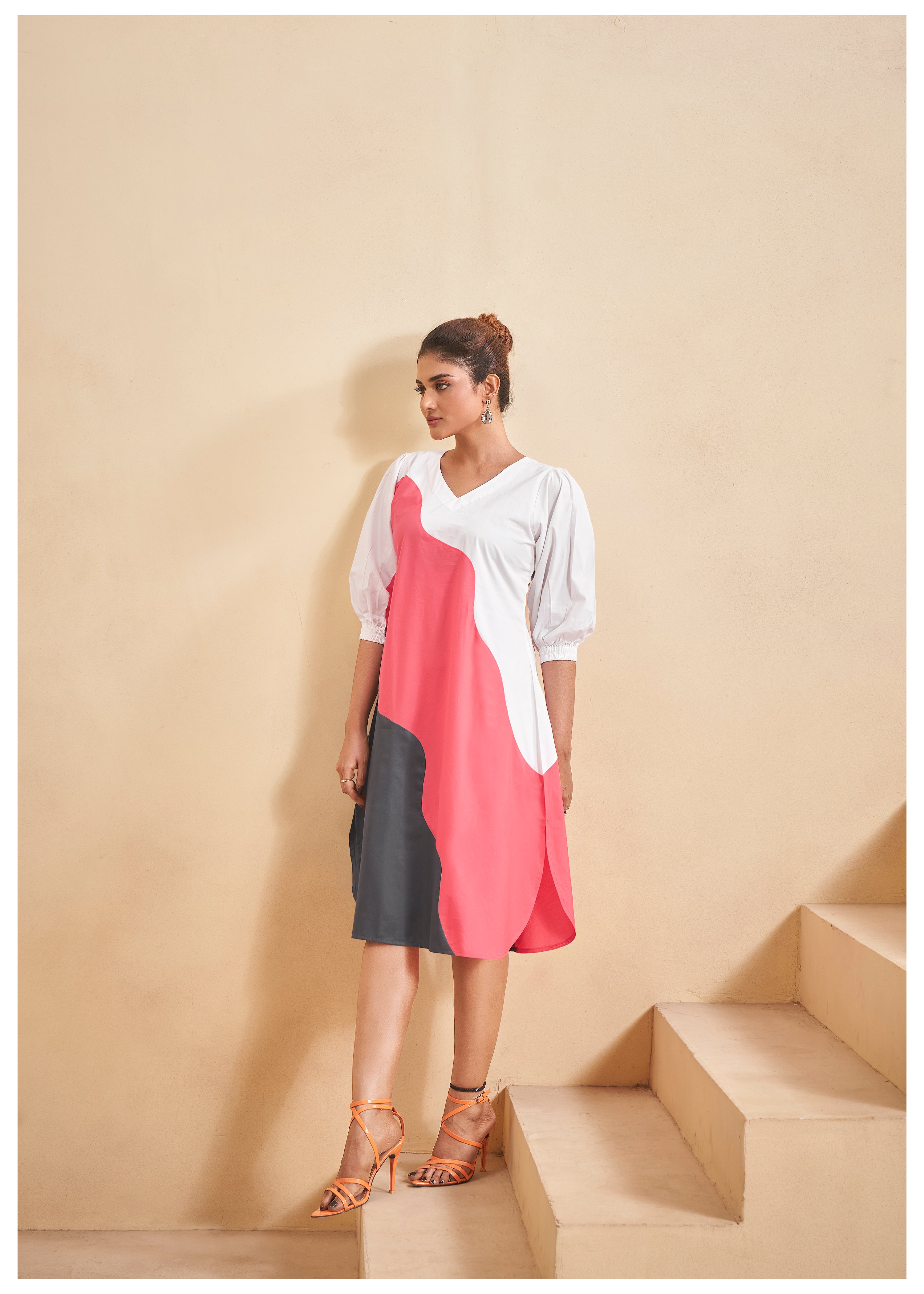 Abstract Color-Blocked  Cotton A-Line Dress