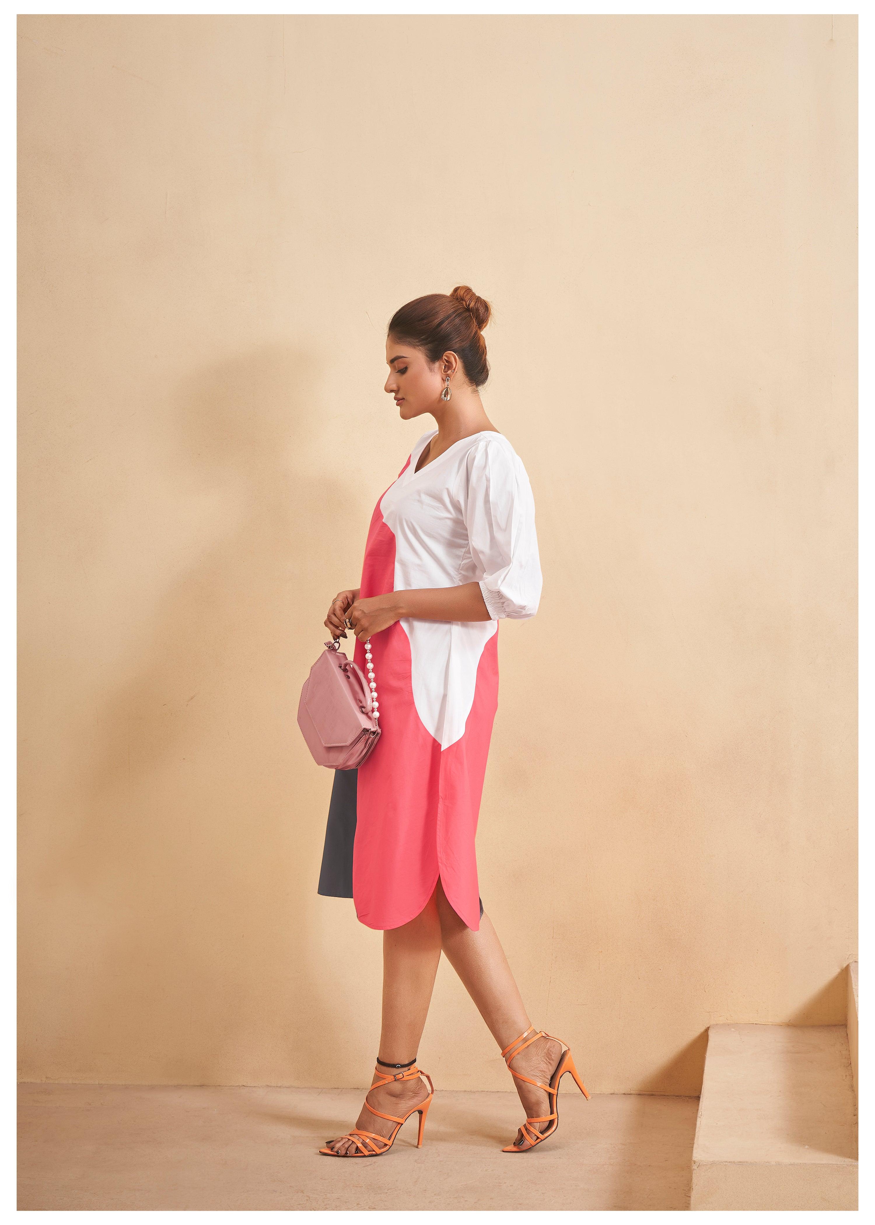 Abstract Color-Blocked  Cotton A-Line Dress