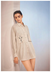 beige linen shirt with thread work embroidery