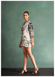 Cream & Black Crepe Leaf/Floral Printed 3/4 Sleeve Tunic