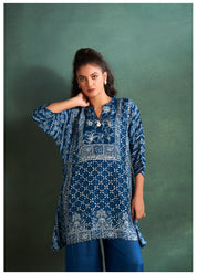 Blue Floral Abstract Dola Silk Printed Kurta Set