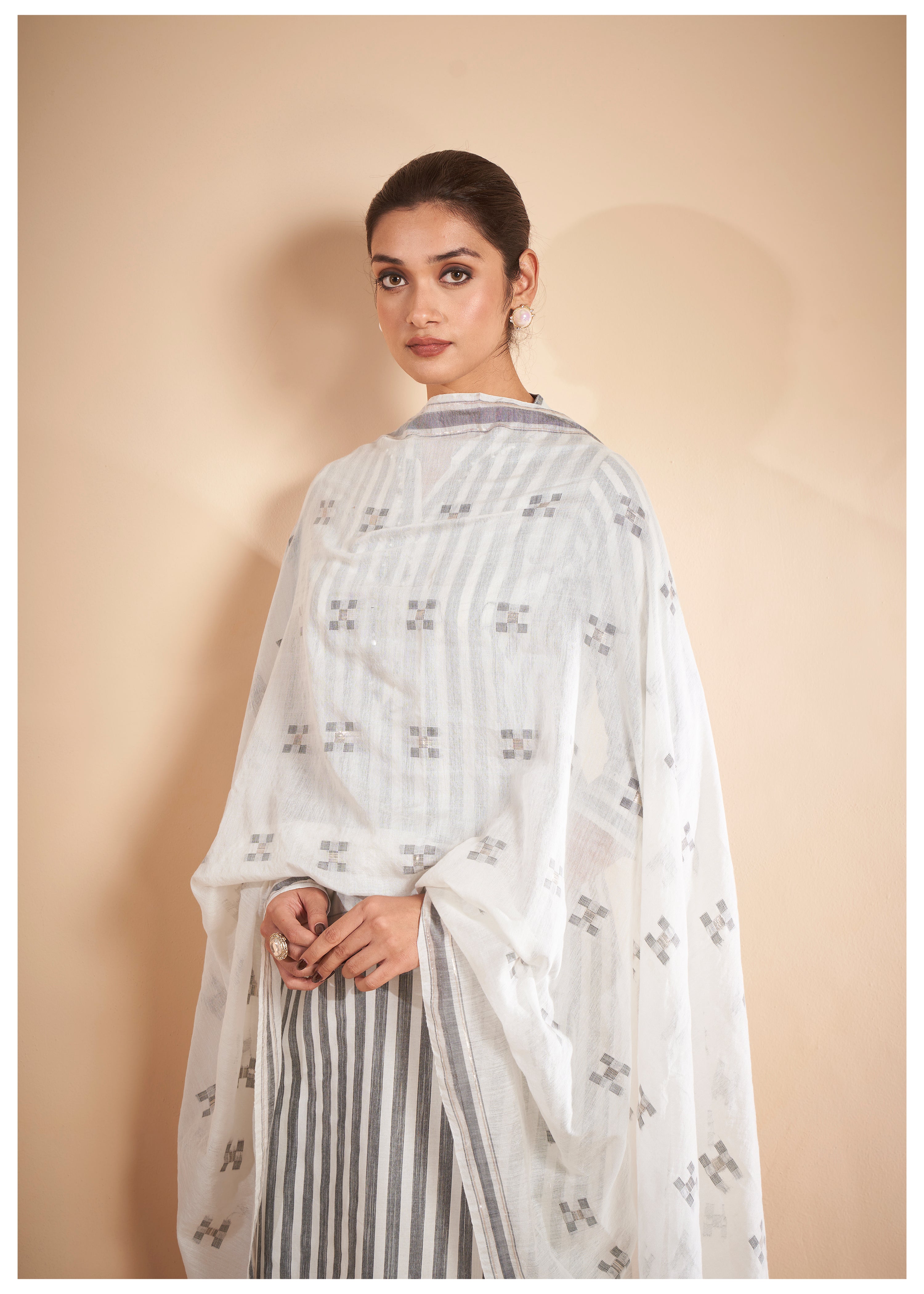 Grey Mirror Work Cotton Ethnic Set With Dupatta