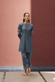 Kiaa Blue-grey Tunic With Embroidered Threadwork Ruffle Detail Viscose Tunic With Pant