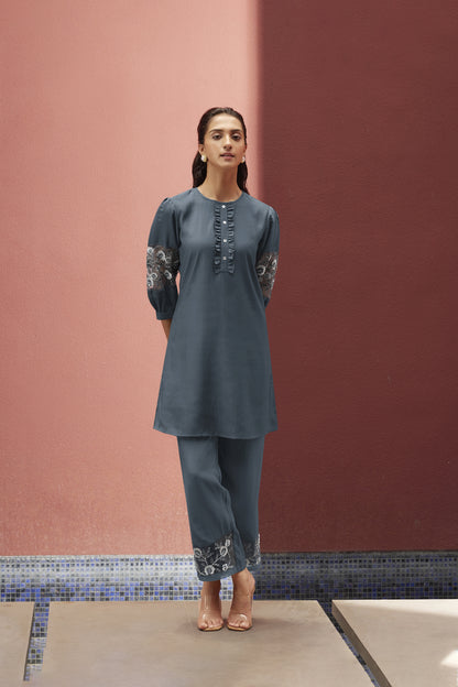 Blue-Grey Embroidered Tunic With Pant