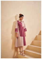 Dusty Rose and Khaki Color-Blocked  Poplin A-Line Dress