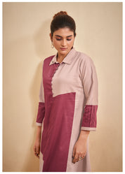 Dusty Rose and Khaki Color-Blocked  Poplin A-Line Dress