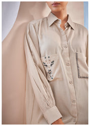 beige linen shirt with thread work embroidery