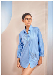 Powder Blue Cotton Twill Shirt with Thread Work Embroidery