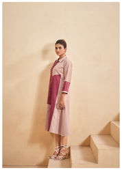 Dusty Rose and Khaki Color-Blocked  Poplin A-Line Dress