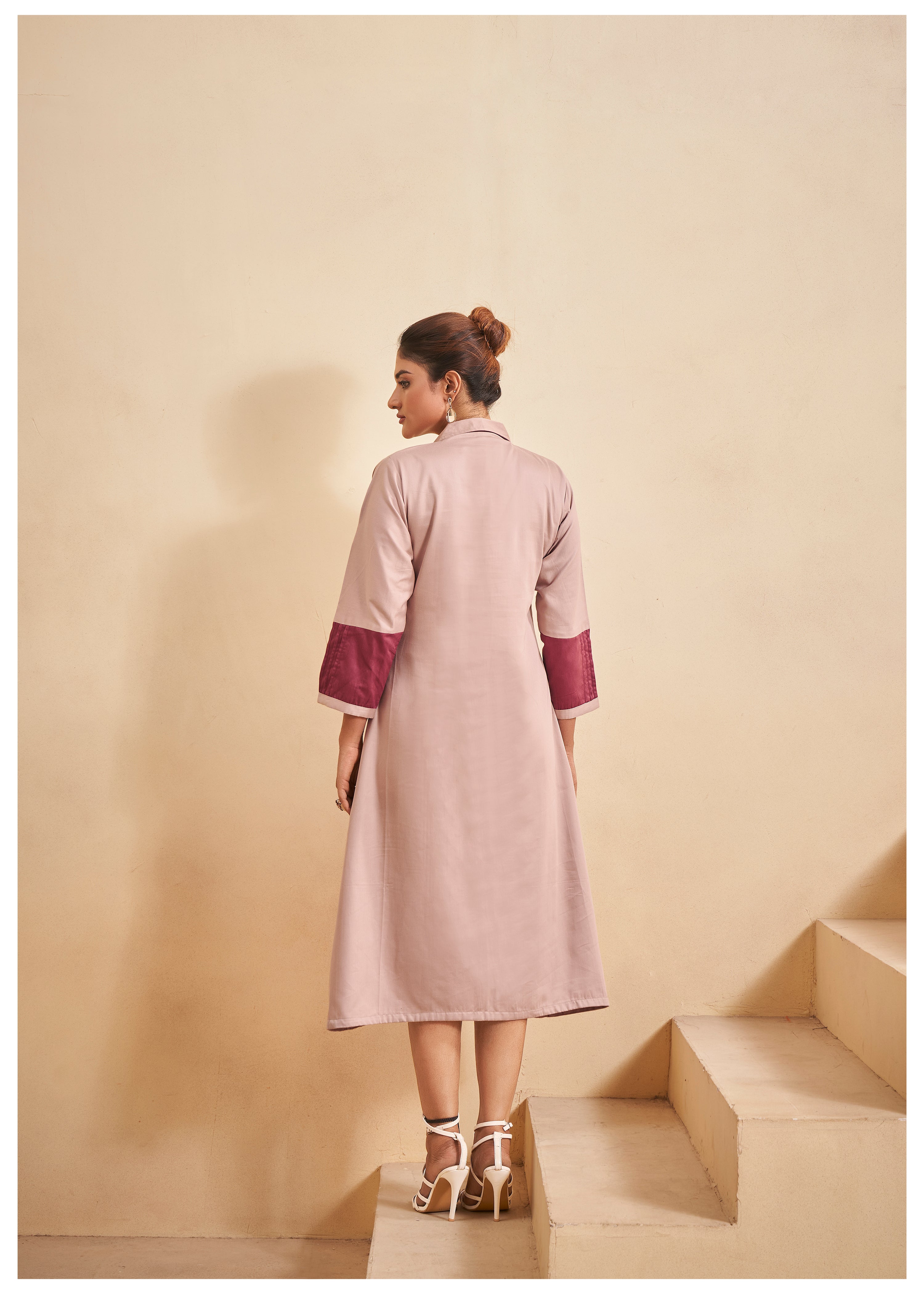 Dusty Rose and Khaki Color-Blocked  Poplin A-Line Dress