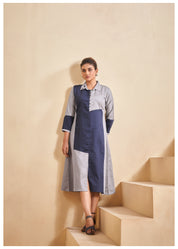 Blue and Grey Color-Blocked  Poplin A-Line Dress