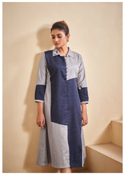 Blue and Grey Color-Blocked  Poplin A-Line Dress