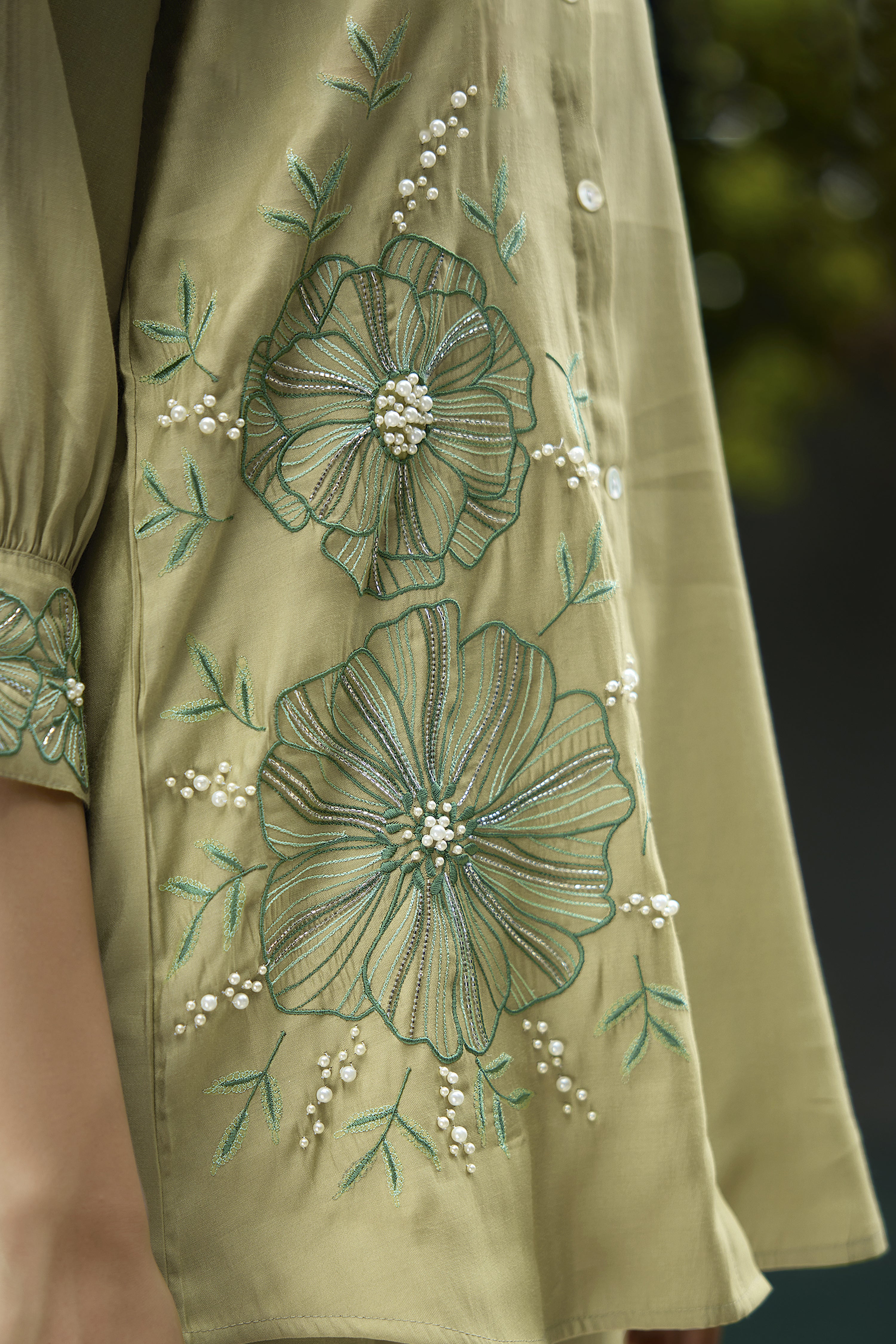 Kaftanize Kiaa-Pista Green Applique & Embroidered Puff Sleeve Embroidered Cuff  Viscose Shirt With Pant