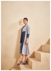 Blue and Grey Color-Blocked  Poplin A-Line Dress